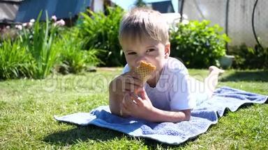 一个小男孩躺在草坪上，高兴地吃<strong>冰淇淋</strong>。 炎炎<strong>夏日</strong>，冷甜甜点